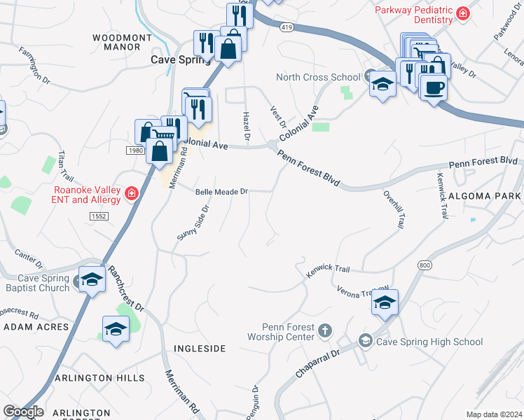 map of restaurants, bars, coffee shops, grocery stores, and more near 4923 Topping Hill Drive in Cave Spring