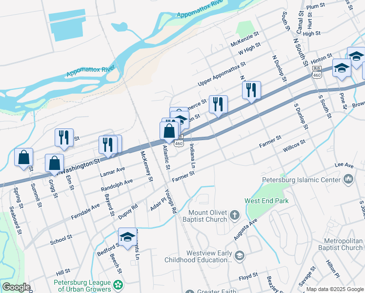 map of restaurants, bars, coffee shops, grocery stores, and more near 1421 Oakdale Avenue in Petersburg