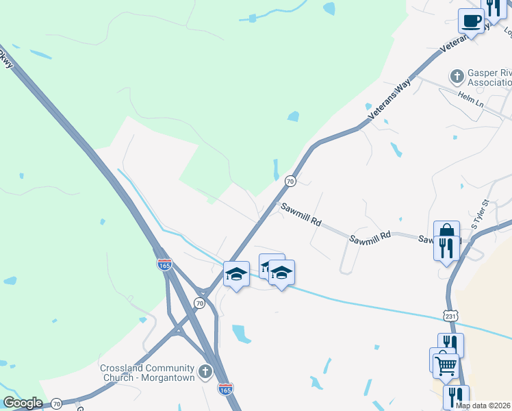 map of restaurants, bars, coffee shops, grocery stores, and more near Pitcher Road South in Morgantown
