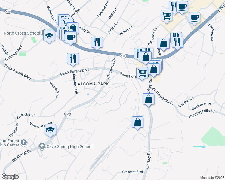 map of restaurants, bars, coffee shops, grocery stores, and more near 3247 Londonderry Lane in Cave Spring