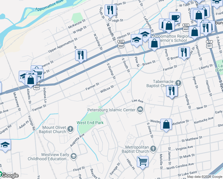 map of restaurants, bars, coffee shops, grocery stores, and more near 915 Willcox Street in Petersburg