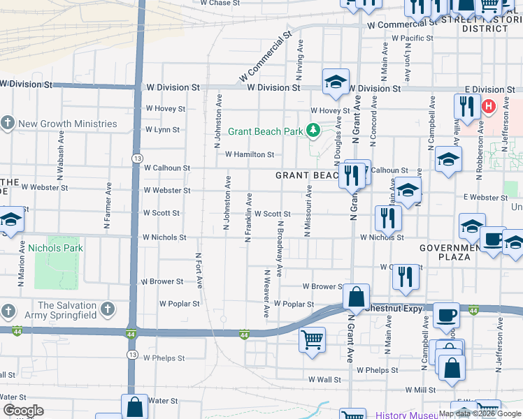map of restaurants, bars, coffee shops, grocery stores, and more near 1029 West Scott Street in Springfield