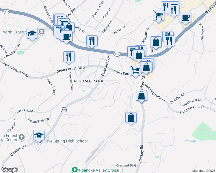 map of restaurants, bars, coffee shops, grocery stores, and more near 3221 Londonderry Lane in Cave Spring