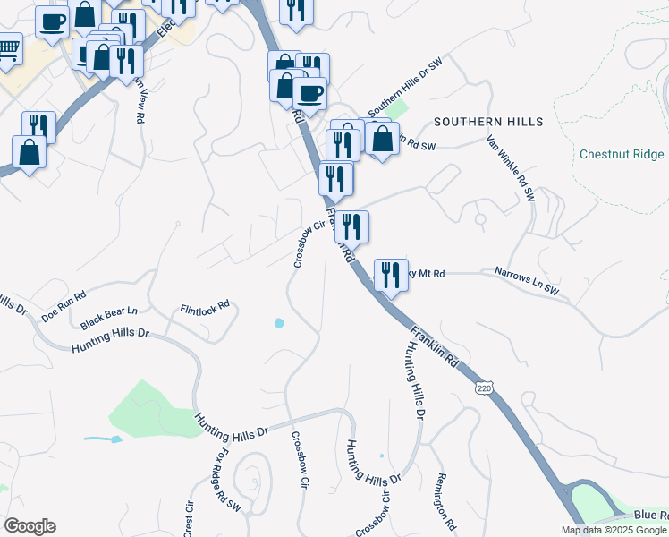 map of restaurants, bars, coffee shops, grocery stores, and more near 5237 Archer Drive in Cave Spring