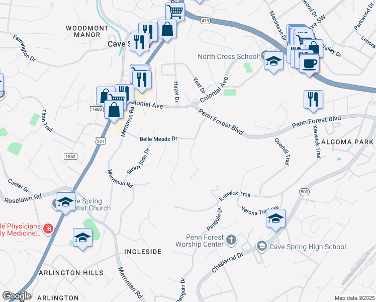 map of restaurants, bars, coffee shops, grocery stores, and more near 4923 Topping Hill Drive in Cave Spring