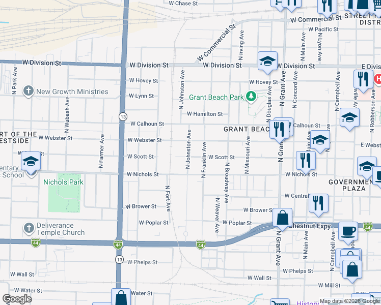 map of restaurants, bars, coffee shops, grocery stores, and more near 1130 West Webster Street in Springfield