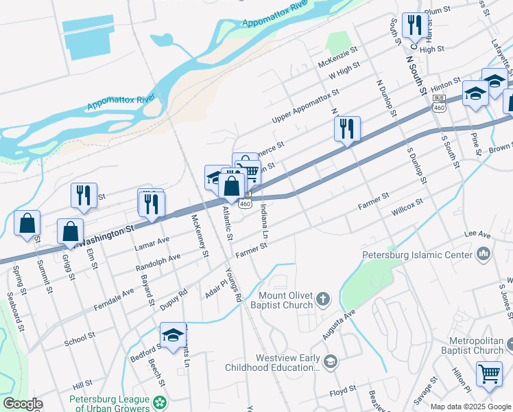 map of restaurants, bars, coffee shops, grocery stores, and more near 1420 West Washington Street in Petersburg