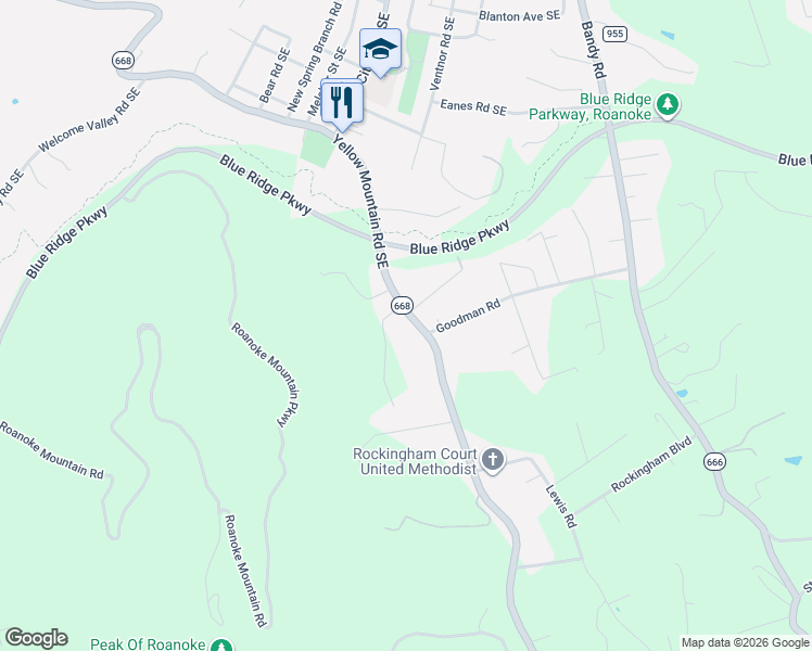 map of restaurants, bars, coffee shops, grocery stores, and more near 4219 Yellow Mountain Road in Roanoke