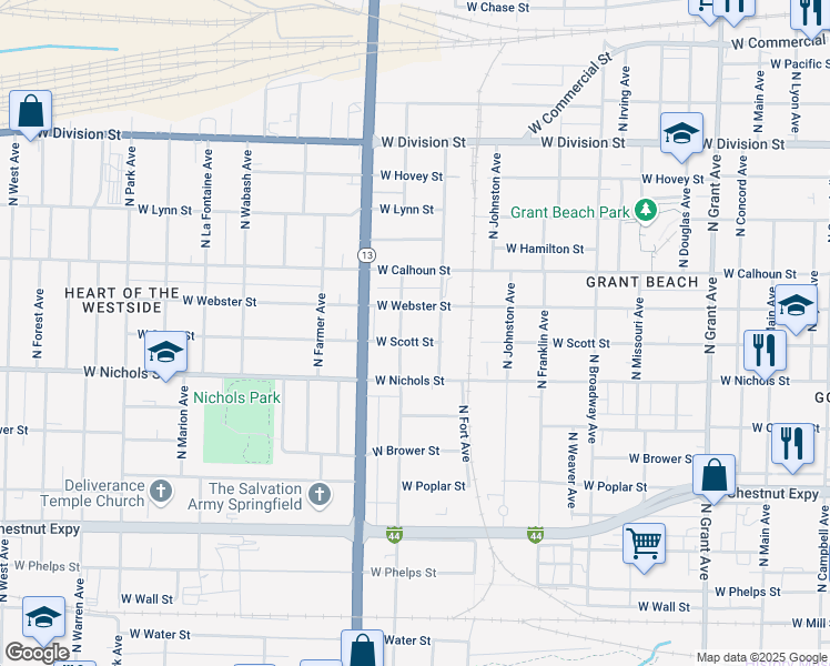map of restaurants, bars, coffee shops, grocery stores, and more near 1133 North Nettleton Avenue in Springfield