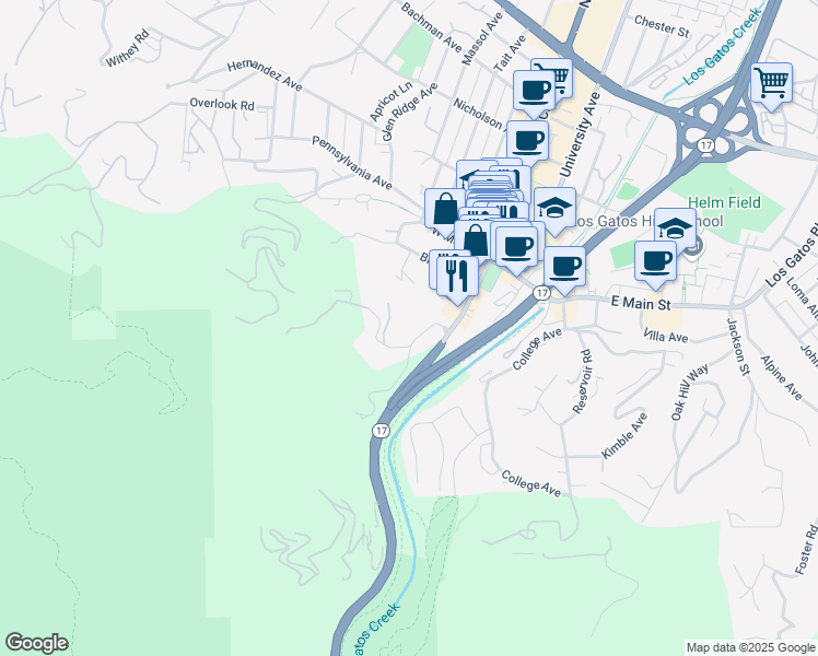 map of restaurants, bars, coffee shops, grocery stores, and more near 110 Wood Road in Los Gatos