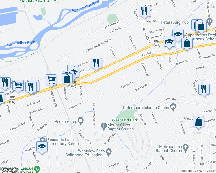 map of restaurants, bars, coffee shops, grocery stores, and more near 1216 Rome Street in Petersburg