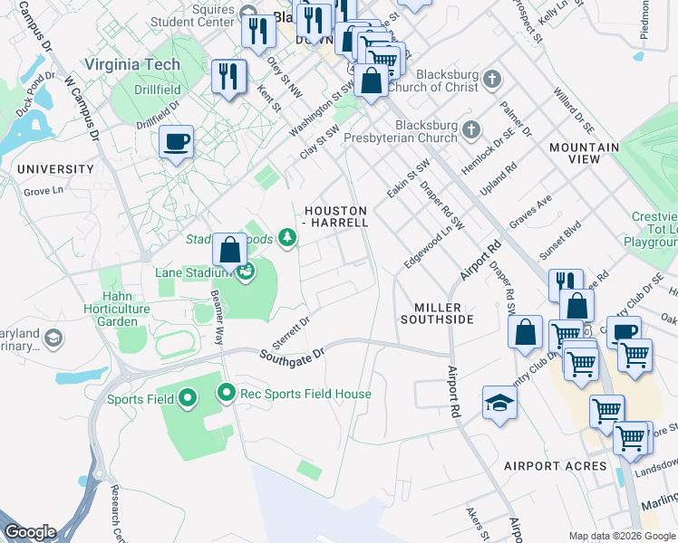map of restaurants, bars, coffee shops, grocery stores, and more near 607 Center Street in Blacksburg