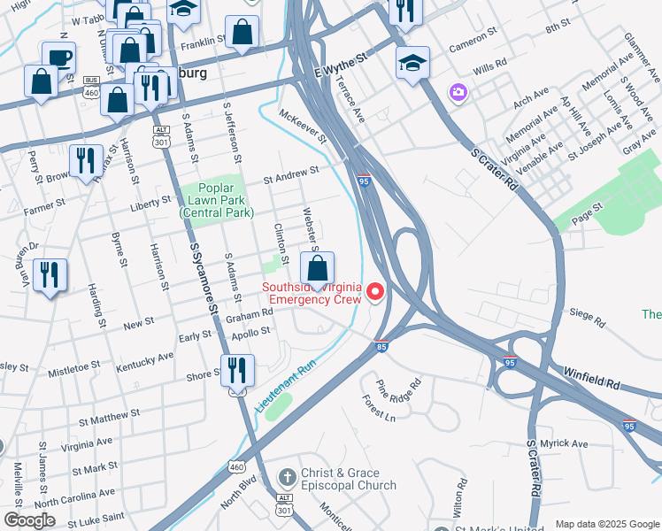 map of restaurants, bars, coffee shops, grocery stores, and more near 400 Mars Street in Petersburg