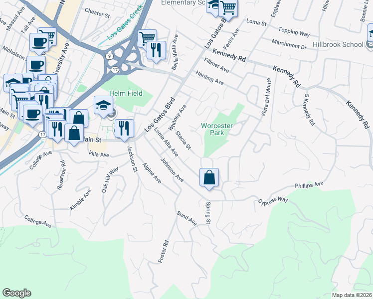 map of restaurants, bars, coffee shops, grocery stores, and more near 148 Stacia Street in Los Gatos