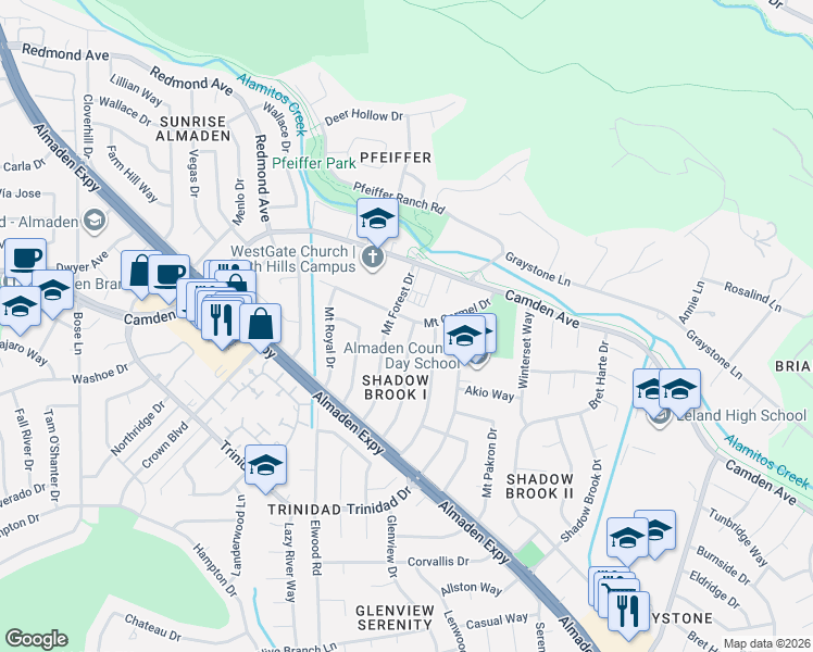 map of restaurants, bars, coffee shops, grocery stores, and more near 1009 Mount Carmel Drive in San Jose