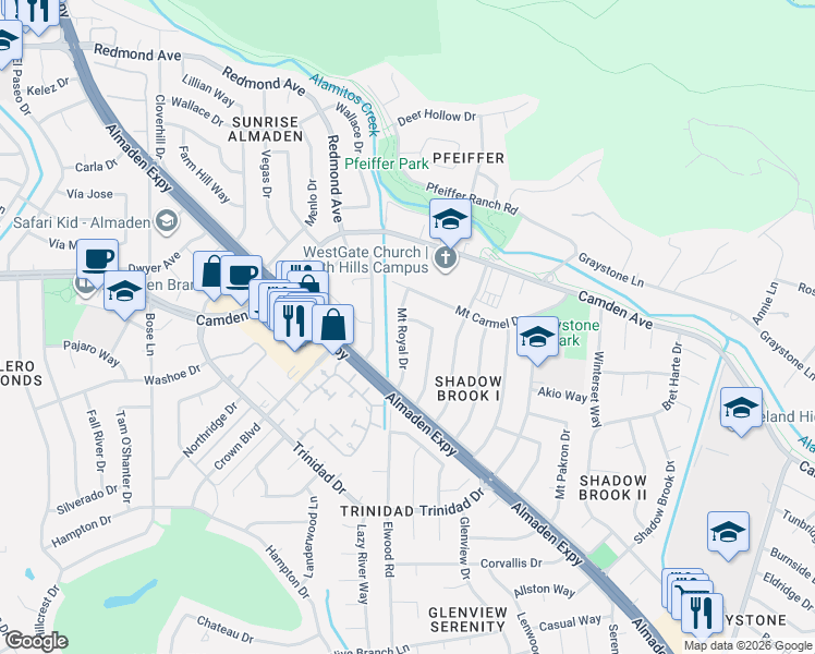map of restaurants, bars, coffee shops, grocery stores, and more near 6568 Mount Royal Drive in San Jose