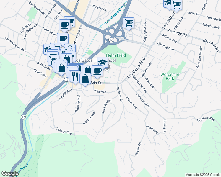 map of restaurants, bars, coffee shops, grocery stores, and more near 266 East Main Street in Los Gatos