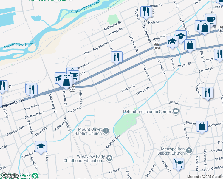 map of restaurants, bars, coffee shops, grocery stores, and more near 1136 Rome Street in Petersburg