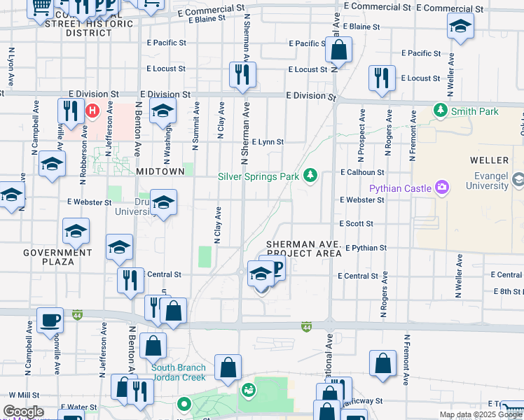 map of restaurants, bars, coffee shops, grocery stores, and more near 1138 North Sherman Avenue in Springfield