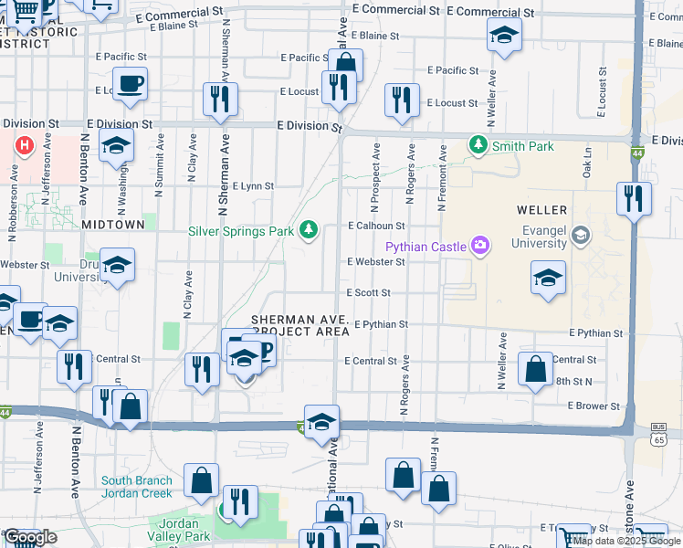 map of restaurants, bars, coffee shops, grocery stores, and more near 1122 North National Avenue in Springfield
