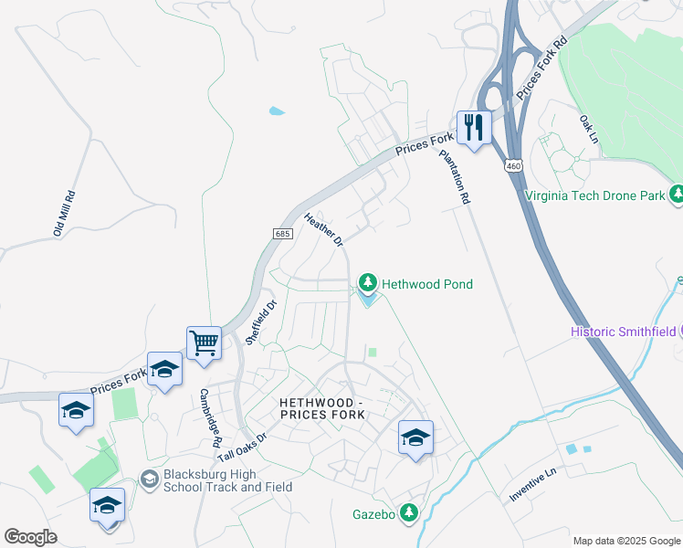 map of restaurants, bars, coffee shops, grocery stores, and more near 2607 Capistrano Street in Blacksburg