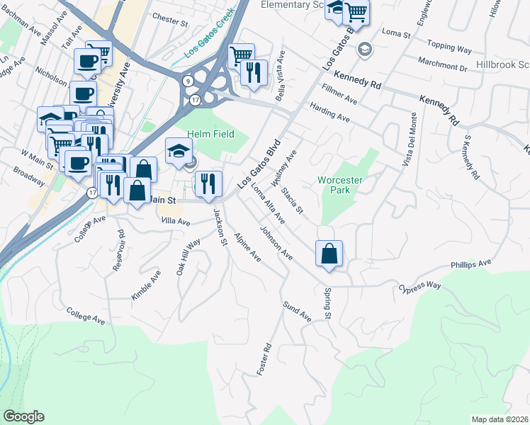 map of restaurants, bars, coffee shops, grocery stores, and more near 121 Loma Alta Avenue in Los Gatos