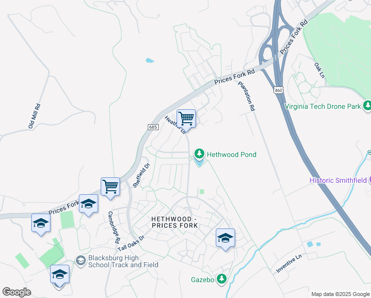 map of restaurants, bars, coffee shops, grocery stores, and more near 2607 Capistrano Street in Blacksburg