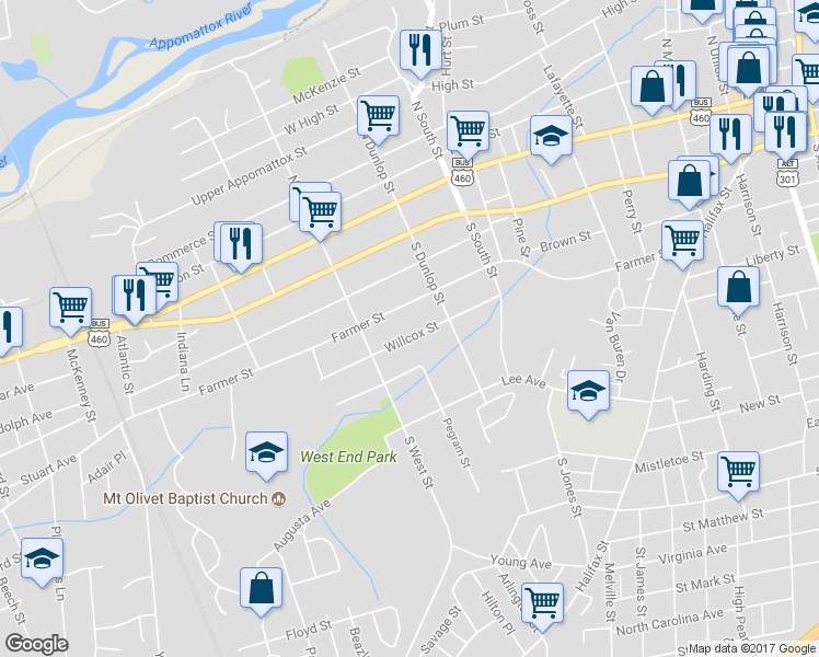 map of restaurants, bars, coffee shops, grocery stores, and more near 935 Wilcox Street in Petersburg