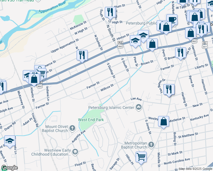 map of restaurants, bars, coffee shops, grocery stores, and more near 935 Wilcox Street in Petersburg