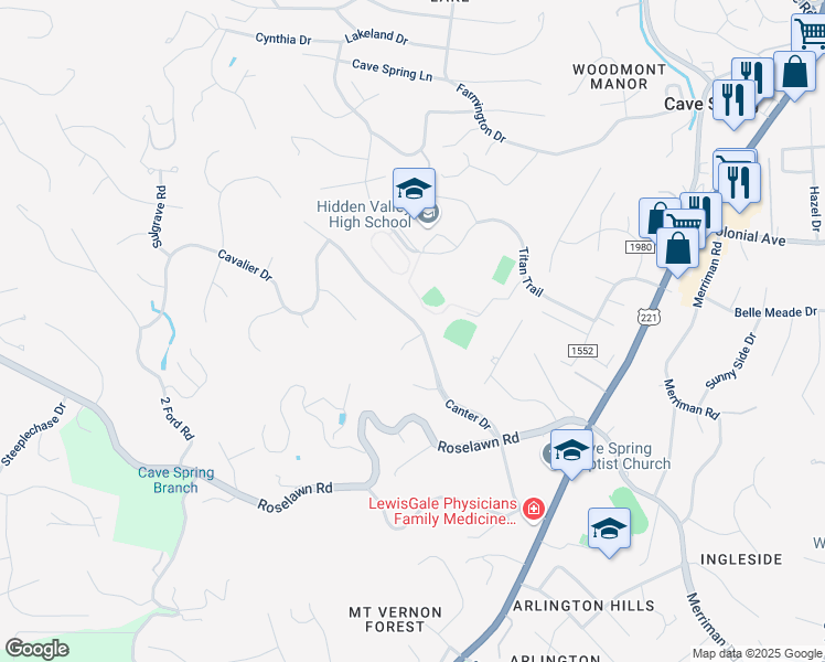 map of restaurants, bars, coffee shops, grocery stores, and more near 5305 Cromwell Court in Cave Spring