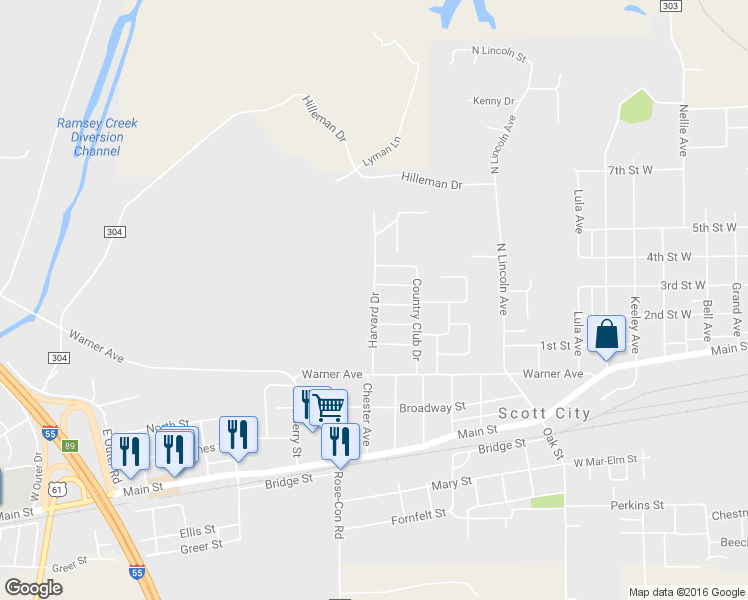 map of restaurants, bars, coffee shops, grocery stores, and more near 405 Harvard Drive in Scott City