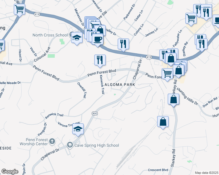 map of restaurants, bars, coffee shops, grocery stores, and more near 3381 Kingswood Drive in Cave Spring