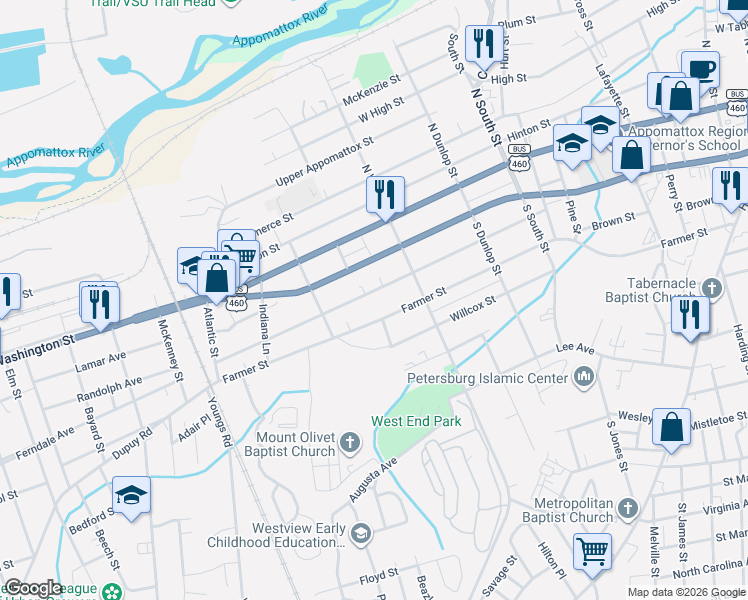 map of restaurants, bars, coffee shops, grocery stores, and more near 1136 Rome Street in Petersburg
