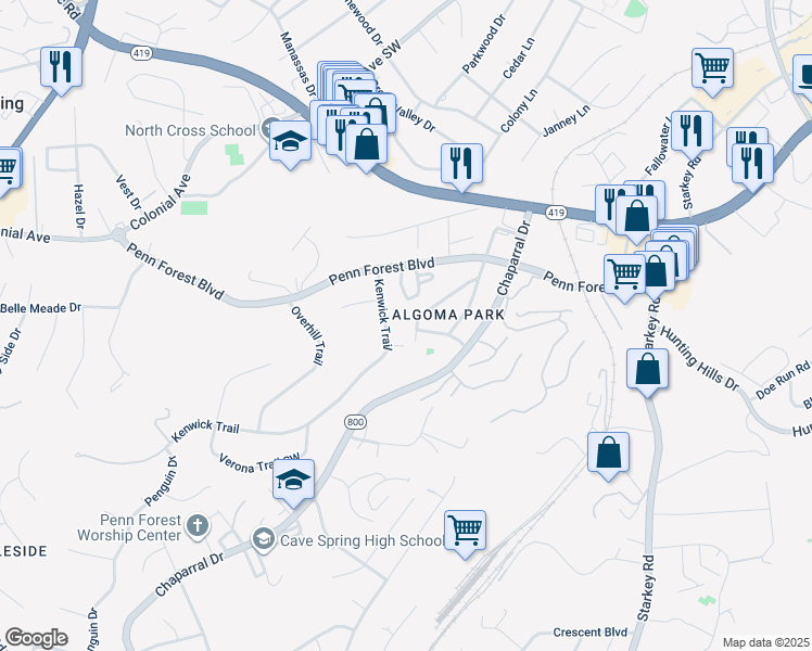 map of restaurants, bars, coffee shops, grocery stores, and more near 3381 Kingswood Drive in Cave Spring