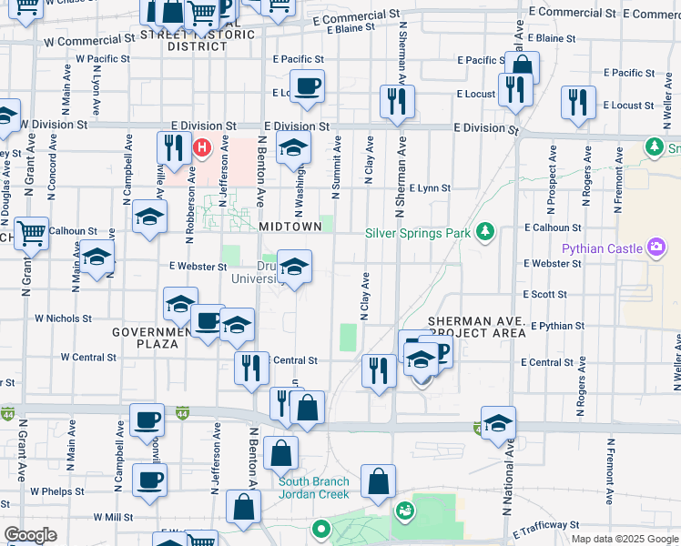 map of restaurants, bars, coffee shops, grocery stores, and more near 1126 North Summit Avenue in Springfield