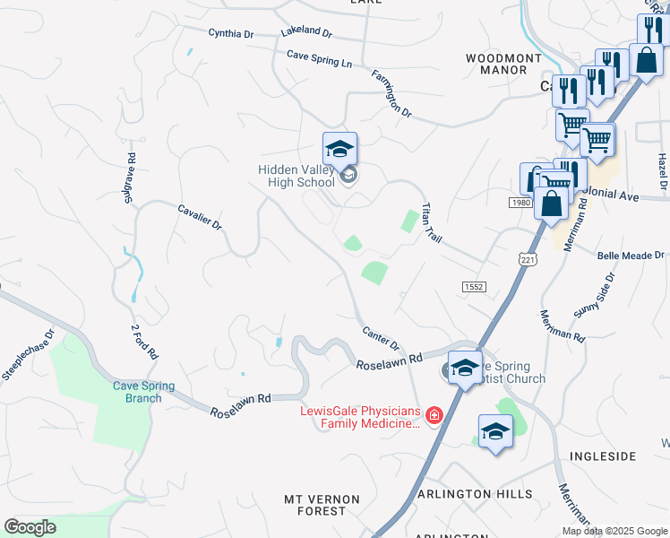 map of restaurants, bars, coffee shops, grocery stores, and more near 5305 Cromwell Court in Cave Spring