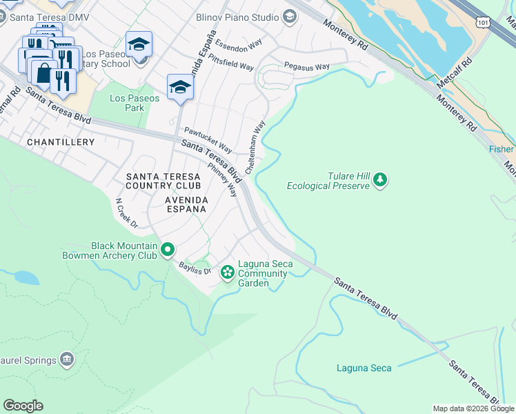 map of restaurants, bars, coffee shops, grocery stores, and more near 7438 Phinney Way in San Jose
