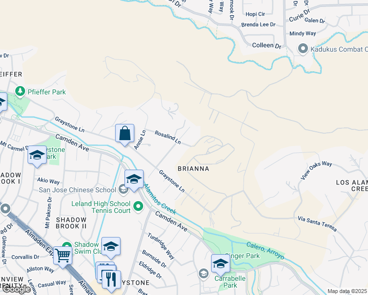 map of restaurants, bars, coffee shops, grocery stores, and more near 18686 Rosalind Lane in San Jose
