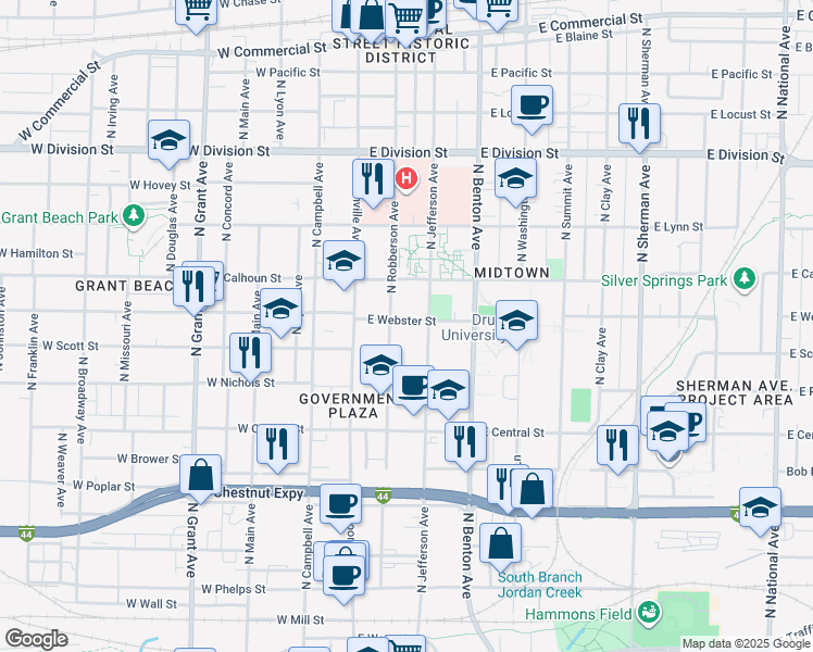map of restaurants, bars, coffee shops, grocery stores, and more near 1205 North Jefferson Avenue in Springfield