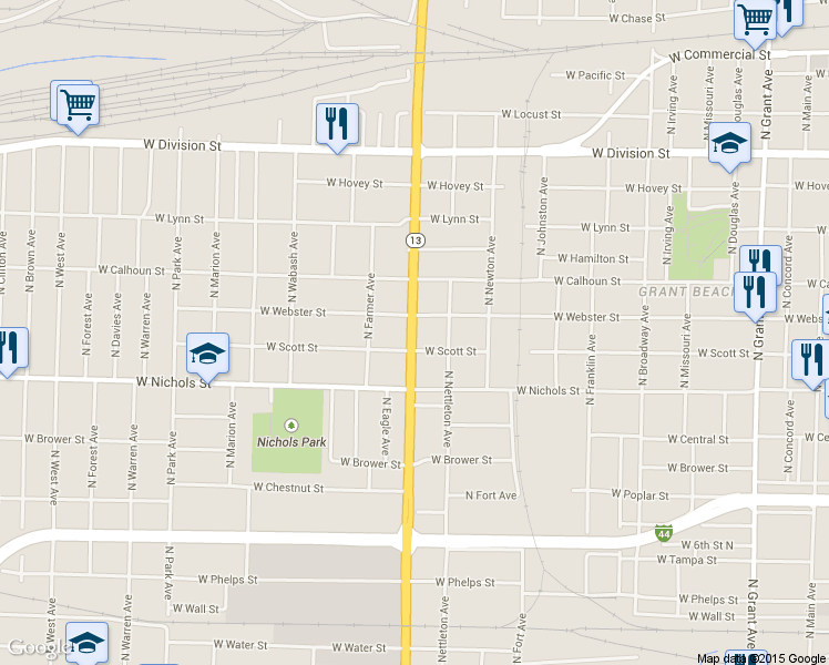 map of restaurants, bars, coffee shops, grocery stores, and more near 1124 North Kansas Expressway in Springfield