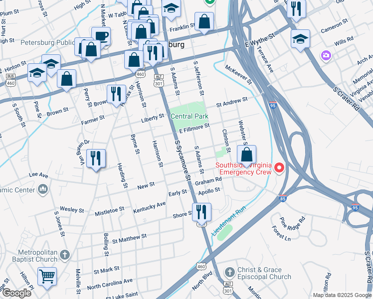 map of restaurants, bars, coffee shops, grocery stores, and more near 11 Mars Street in Petersburg