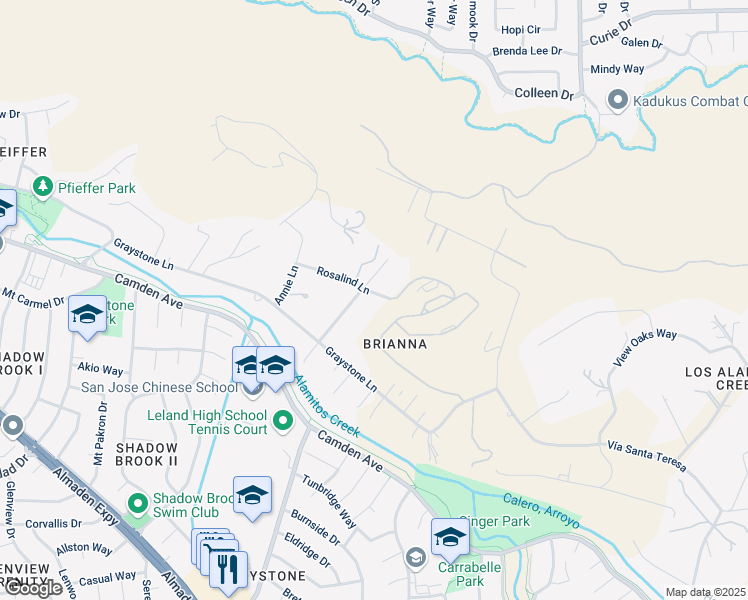 map of restaurants, bars, coffee shops, grocery stores, and more near 18686 Rosalind Lane in San Jose