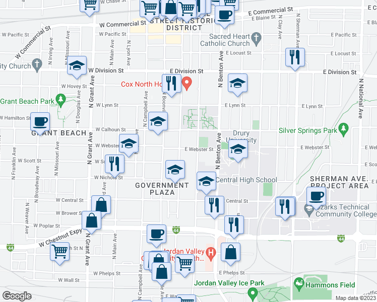 map of restaurants, bars, coffee shops, grocery stores, and more near 318 East Webster Street in Springfield