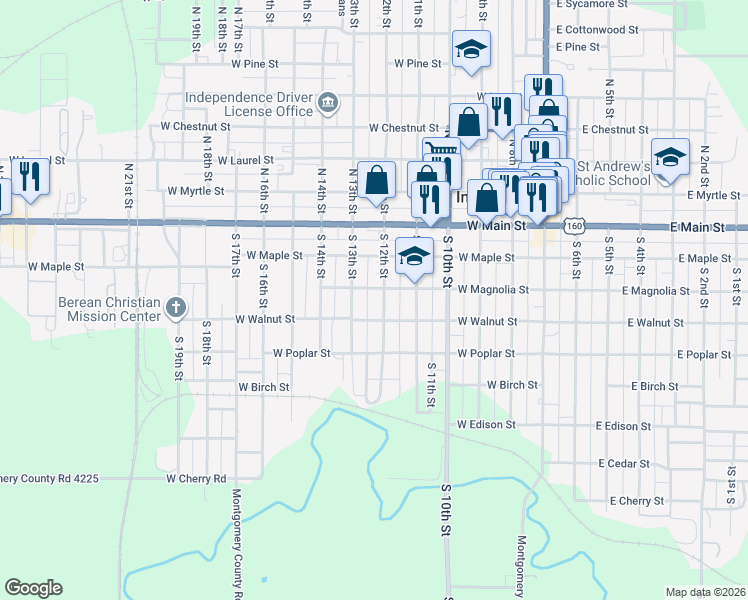 map of restaurants, bars, coffee shops, grocery stores, and more near 300-398 S 12th St in Independence