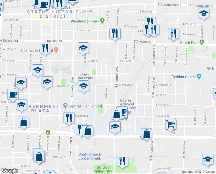 map of restaurants, bars, coffee shops, grocery stores, and more near 1130 North Clay Avenue in Springfield