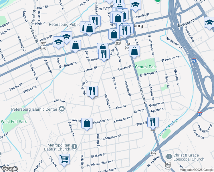 map of restaurants, bars, coffee shops, grocery stores, and more near 427 Harding Street in Petersburg