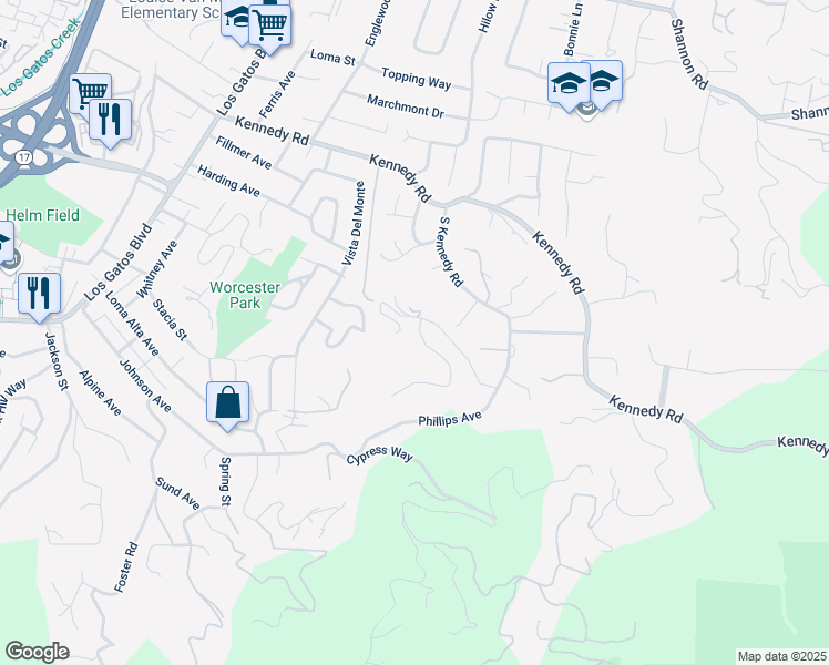 map of restaurants, bars, coffee shops, grocery stores, and more near 17040 Los Cerritos Drive in Los Gatos