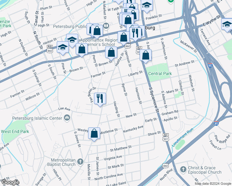 map of restaurants, bars, coffee shops, grocery stores, and more near 427 Harding Street in Petersburg