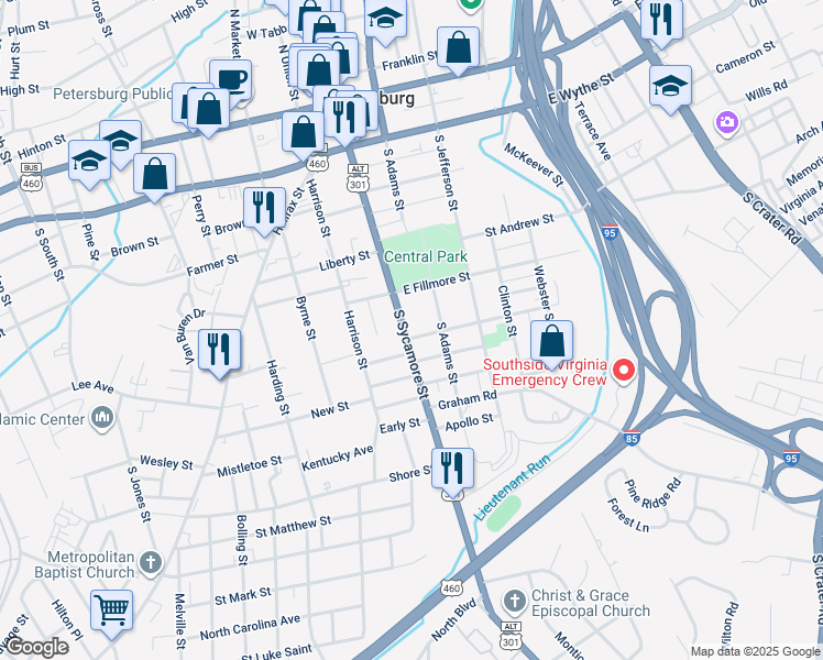 map of restaurants, bars, coffee shops, grocery stores, and more near 439 South Sycamore Street in Petersburg