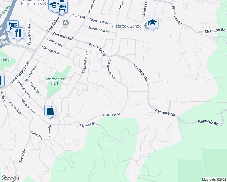 map of restaurants, bars, coffee shops, grocery stores, and more near 16460 South Kennedy Road in Los Gatos